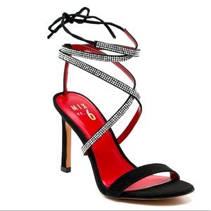 Black ankle wrap heels with rhinestones